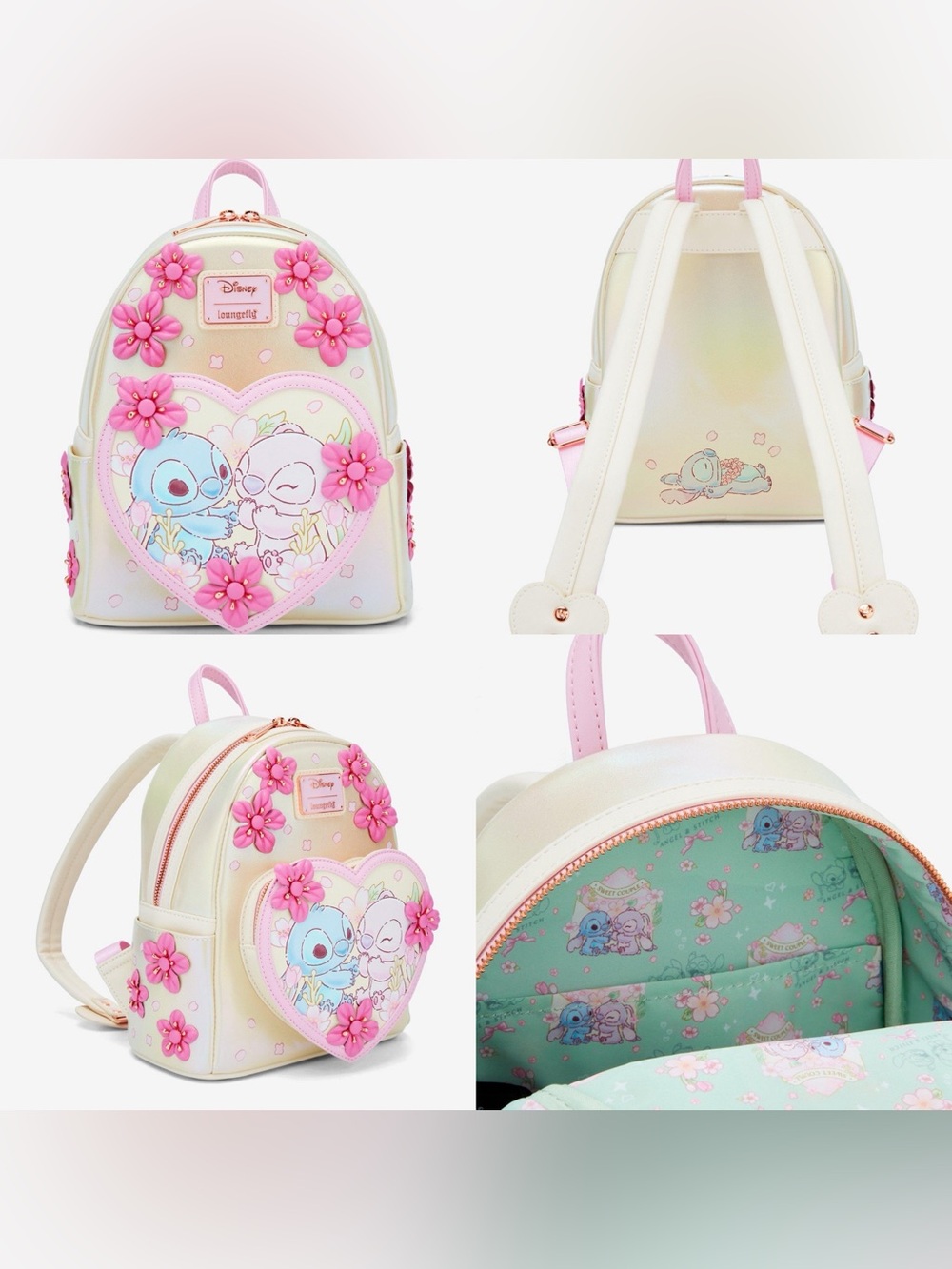 NWOT Loungefly Disney Stitch & Angel Pastel Cherry Blossoms Iridescent Backpack